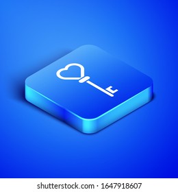 Isometric Key in heart shape icon isolated on blue background. Blue square button. Vector Illustration