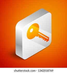 Isometric Key icon isolated on orange background. Silver square button. Vector Illustration