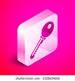 Isometric Key icon isolated on pink background. Silver square button. Vector Illustration