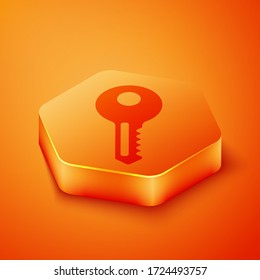 Isometric Key icon isolated on orange background. Orange hexagon button. Vector Illustration