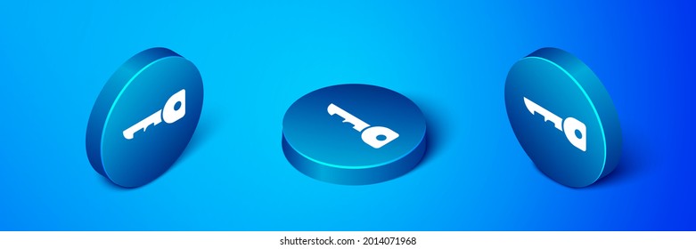 Isometric Key icon isolated on blue background. Blue circle button. Vector Illustration