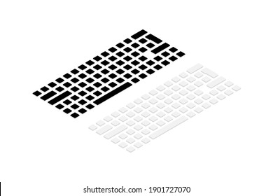 Isometric keyboard. 3d computer keyboard. Icons of buttons for pc. Buttons of qwerty, support, shift, ctrl, arrow, enter, wasd and space. Wireless keypad isolated on white background. Vector.