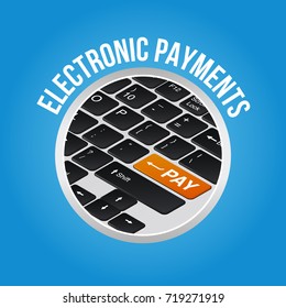 Isometric keyboard confirms the payment by debit or credit card. Vector illustration 