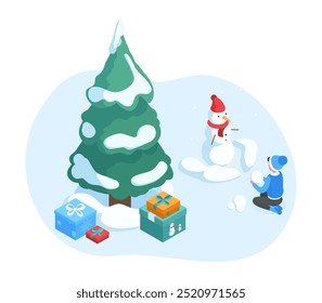 Isometric kid making snowman. Winter outdoor recreation, kid winter holidays leisure activity with Christmas tree and gift boxes 3d vector illustration. Boy playing with snow