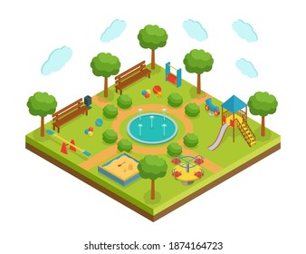 Isometric kid playground with fountain, vector illustration