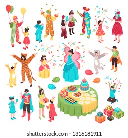 Isometric kids animator holiday party set with isolated human characters adult entertainers in costumes and children vector illustration