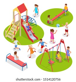 Isometric kids, boys and girls are playing on the playground. Swing carousel sandpit slide rocker rope ladder bench.