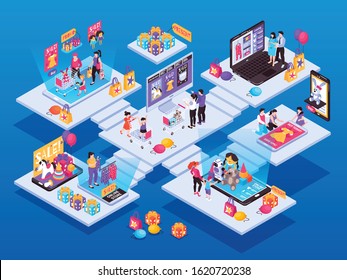 Isometric kids online shopping composition with set of stairway platforms with people toys and smartphone screens vector illustration