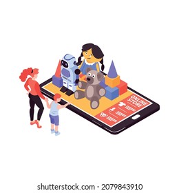 Isometric kids online shopping composition with smartphone and pile of toys with mother and child vector illustration