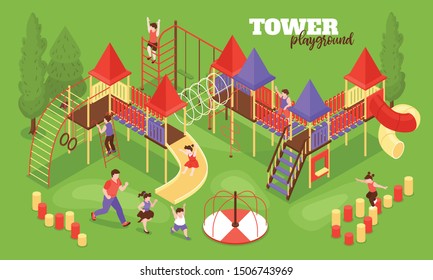 Isometric kids playground background composition with text and outdoor scenery with human characters of running children vector illustration