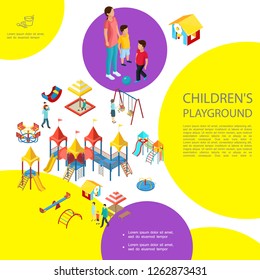 Isometric Kids Playground Colorful Template With Sandbox Slides Swings Playhouse Carousel Amusement Equipment Parents Children Vector Illustration