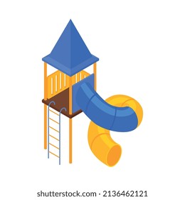 Isometric kids playground composition with isolated image of tube slide with tower ladder on blank background vector illustration