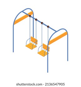 Isometric kids playground composition with isolated image of two swings hanging on stand on blank background vector illustration