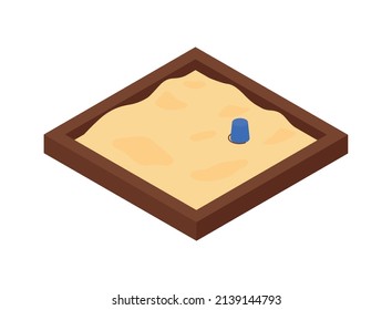 Isometric kids playground composition with isolated image of square sand pit with bucket on blank background vector illustration