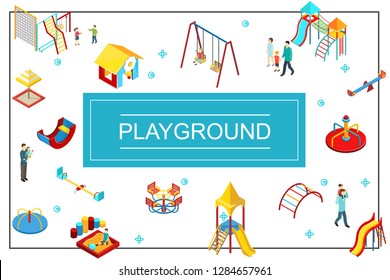 Isometric Kids Playground Concept With Seesaw Swings Playhouse Sandbox Slides Colorful Bars Parents And Children Vector Illustration