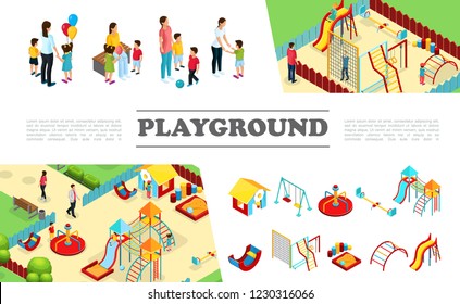 Isometric Kids Playground Elements Collection With Slides Swings Playhouse Seesaw Ladders Sandbox Colorful Bars Parents With Children Vector Illustration