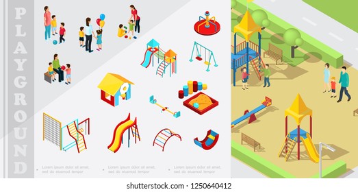 Isometric Kids Playground Elements Composition With Playhouse, Slides, Sandbox, Swings, Ladders, Seesaw, Parents Playing With Children Vector Illustration