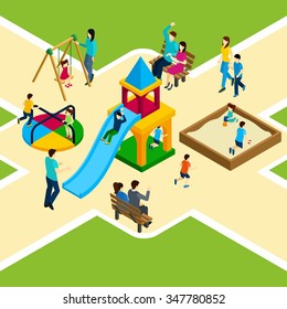 Isometric Kids Playground With Happy Families And Children Playing Vector Illustration