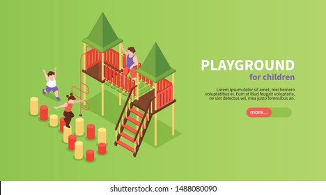 Isometric kids playground horizontal banner with slider button editable text and fixtures with playing kids characters vector illustration