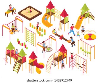 Isometric Kids Playground Parents Kids Set With Isolated Images Of Seesaws Ladders Carousels On Blank Background Vector Illustration