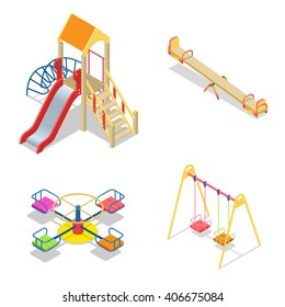 Isometric kids playground or school playground for leisure and recreation activity. Collection of isolated play equipment. 