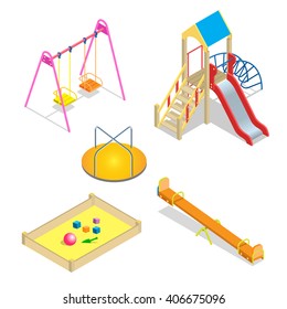 Isometric kids playground or school playground for leisure and recreation activity. Collection of isolated play equipment. 