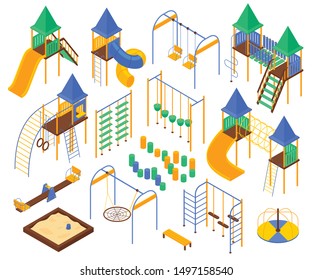 Isometric kids playground set with isolated images of childrens play area facilities amusement devices and slides vector illustration