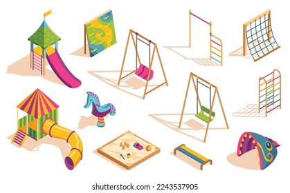 Isometric kids playground set. Isolated icons of play equipment for children. Sports equipment elements. Vector illustration