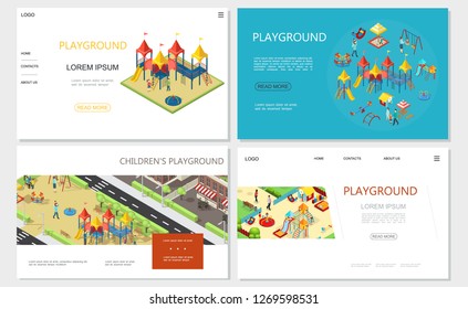 Isometric Kids Playground Websites With Slides Swings Recreational Park Sandbox Playhouse Seesaw Benches Vector Illustration