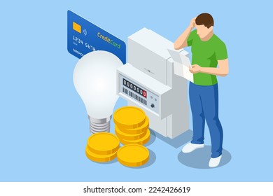 Isometric kilowatt hour electric meter, power supply meter. The male character is paying utilities. Concept of invoice and electricity meter. Watthour meter of electricity for use in home appliance