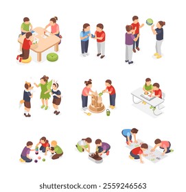 Isometric kindergarten activity. Children play together in ball and cubes, wearing animals costumes and drawing. Little kids outdoor activities, flawless vector set