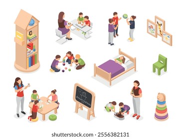 Isometric kindergarten. Children play, studying with teacher, drawing. Kids furniture, bed, bookshelf tables and chair. Preschool kids flawless vector set