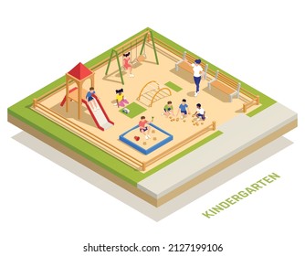 Isometric kindergarten composition with children play in the sandbox slide down slides and spend time playing active games vector illustration
