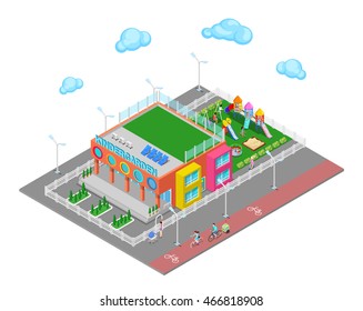 Isometric Kindergarten with Playground and Children. Vector illustration