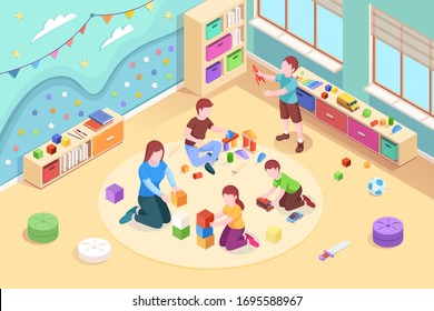 Isometrisches Kindergartenzimmer mit Kinderspielplatz. Kinder im Vorschulunterricht mit Lehrer. Jungen und Mädchen Spiel mit Rakete und Würfel. Vektorillustration Design-Illustration für Spielzimmer mit Spielzeug.