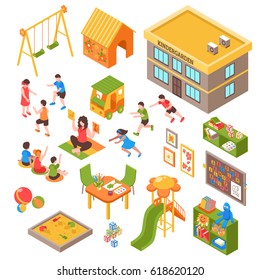 Isometric Kindergarten Set Of Isolated Playground Elements Toys Indoor Furniture And Kids Characters On Blank Background Vector Illustration