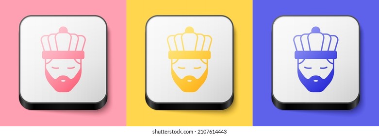 Isometric King with crown icon isolated on pink, yellow and blue background. Square button. Vector