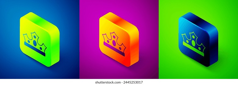 Isometric King crown icon isolated on blue, purple and green background. Square button. Vector