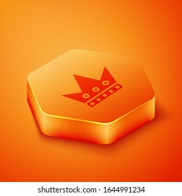 Isometric King playing card icon isolated on orange background. Casino gambling. Orange hexagon button. Vector Illustration