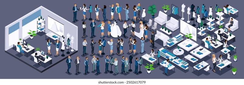 Isometric Kit for creating office for Tailors . Large Kit of furniture for the interior. Kitt of characters to create your own design. Create your own design.