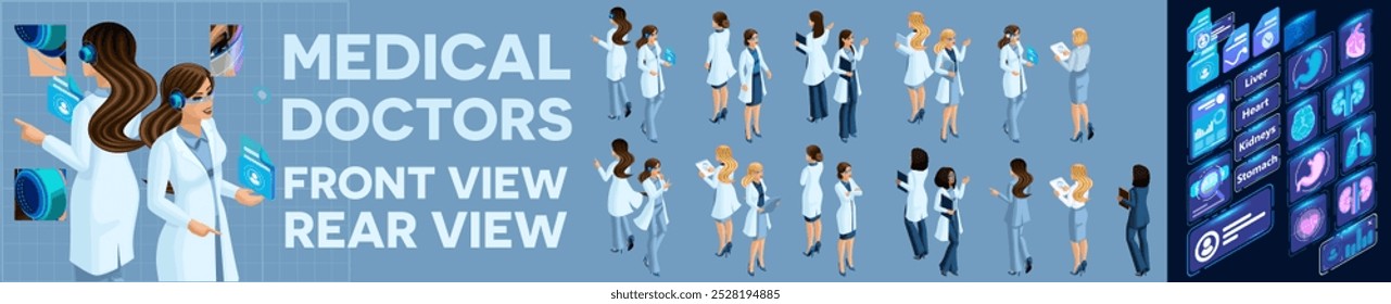 Kit isométrico de médicos y cirujanos, vista frontal y vista trasera, Ilustración vectorial