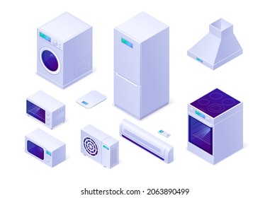 Isometric kitchen appliances electric home tech oven, hood, microwave and washing machine with floor scales and conditioner with refrigerator. Household technics, equipment, isolated 3d vector set