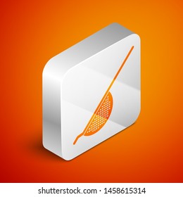Isometric Kitchen colander icon isolated on orange background. Cooking utensil. Cutlery sign. Silver square button. Vector Illustration