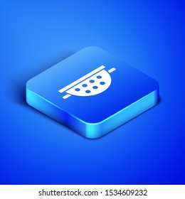 Isometric Kitchen colander icon isolated on blue background. Cooking utensil. Cutlery sign. Blue square button. Vector Illustration