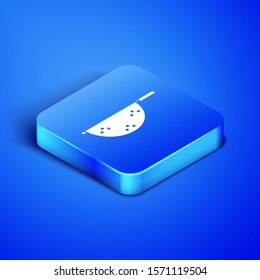 Isometric Kitchen colander icon isolated on blue background. Cooking utensil. Cutlery sign. Blue square button. Vector Illustration