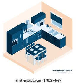Isometric Kitchen Composition With Text And Indoor View Of Dining Place With Stove Kitchenware And Cabinetry Vector Illustration