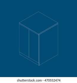 Isometric kitchen cupboard with two doors. Kitchen cabinet in a modern style on blue background. Vector illustration