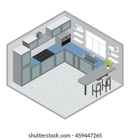 Isometric kitchen design with grey blue cabinets microwave bar counter stools window tiled floor clock vector illustration