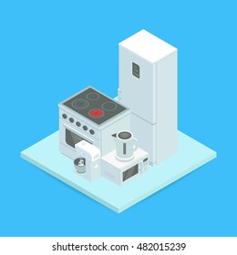 Isometric kitchen electronics. The household appliances. Vector illustration.