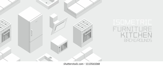Isometric Kitchen Furniture, flat style. isolated on gray background